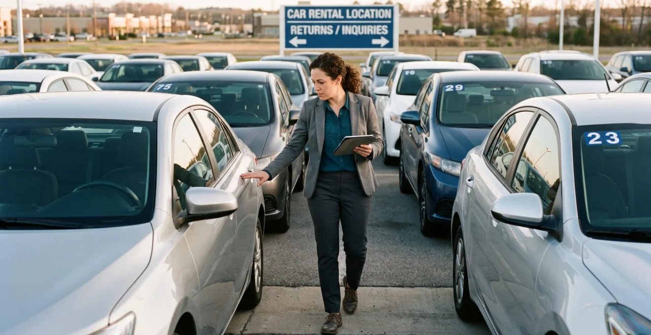 Fleet operations manager inspecting rental vehicles in a professional lot, holding a tablet while walking between parked cars