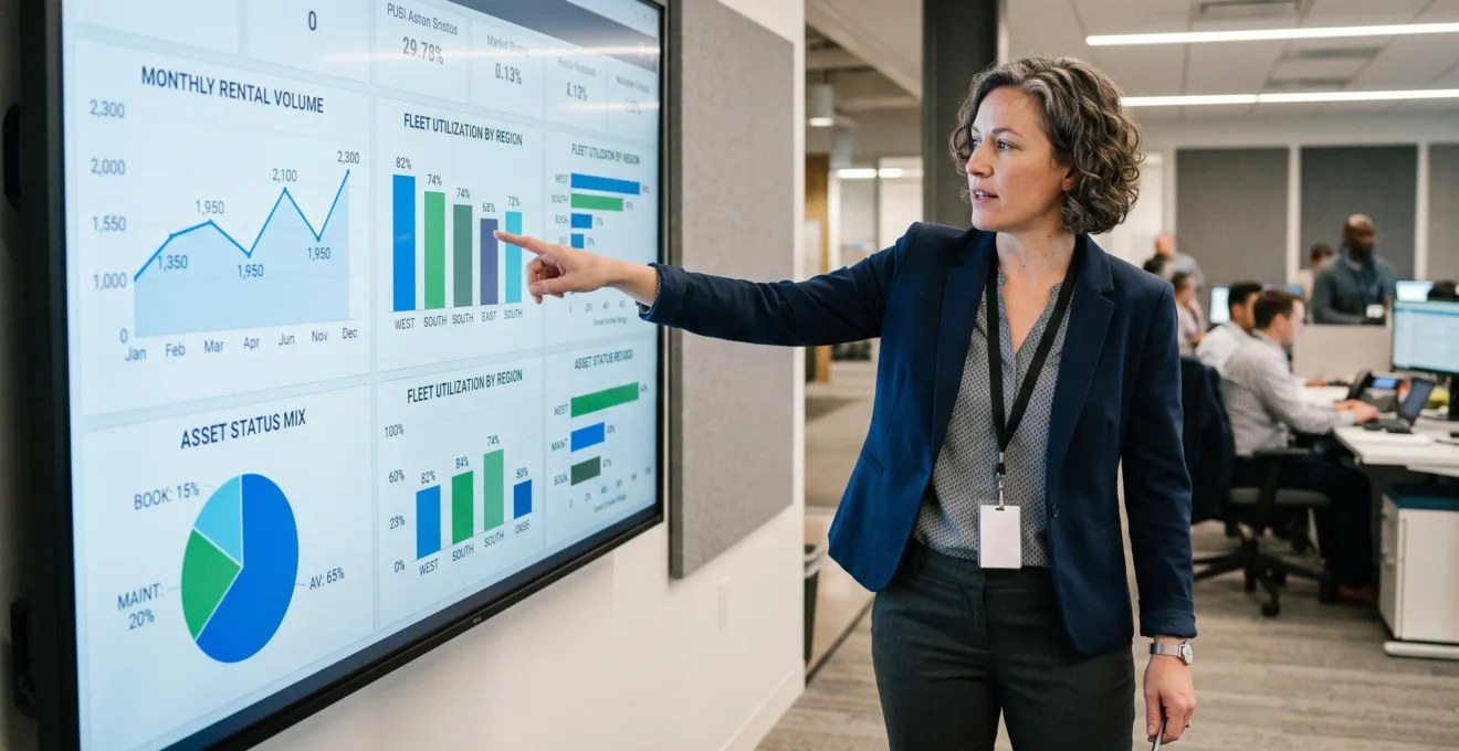 Operations manager analyzing fleet performance metrics on wall display, pointing at utilization graphs during strategic review