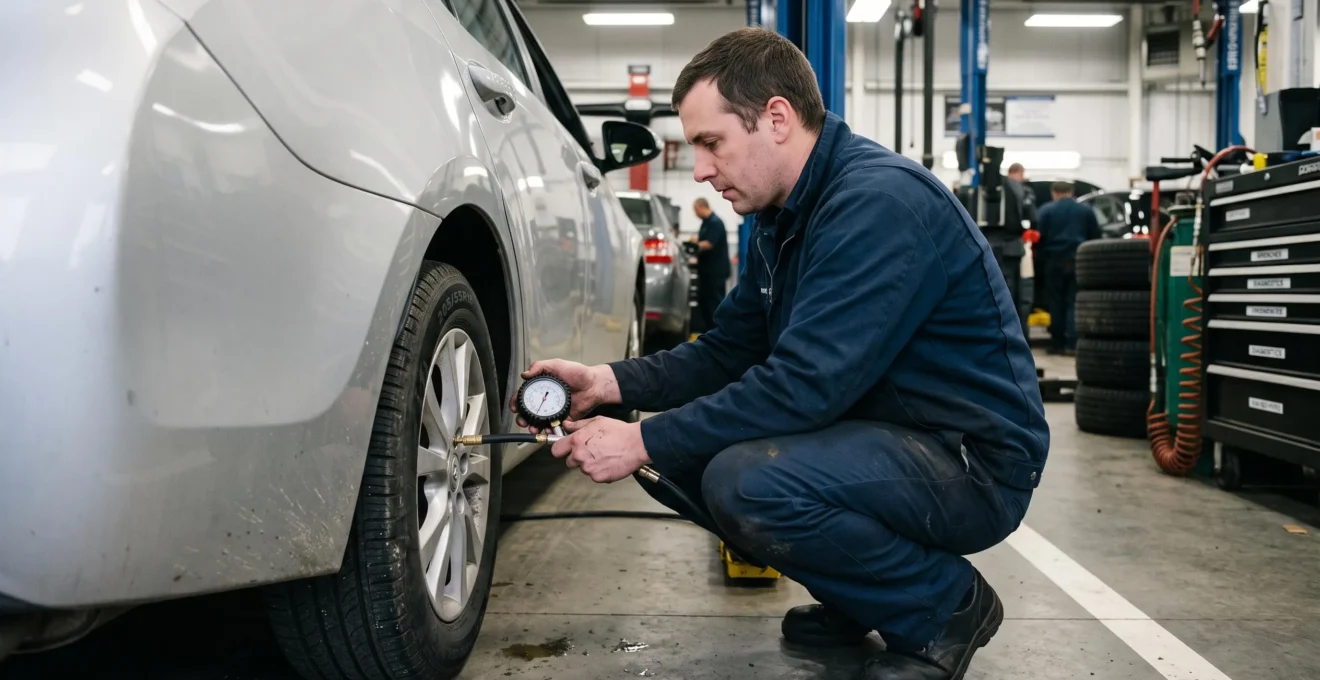 Rental vehicle technician performing tire pressure check with gauge, crouched beside car wheel in maintenance bay
