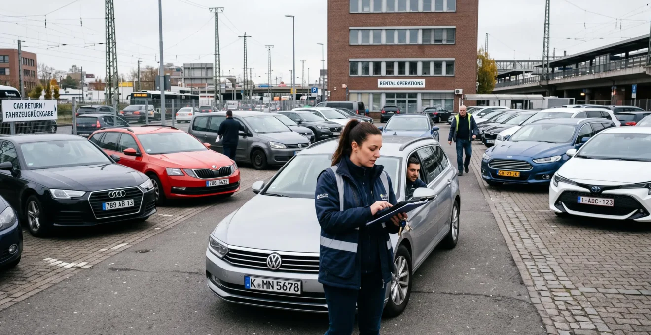 Fleet manager inspecting a rental vehicle with a tablet in an organized parking lot with multiple rental cars at a European car rental agency
