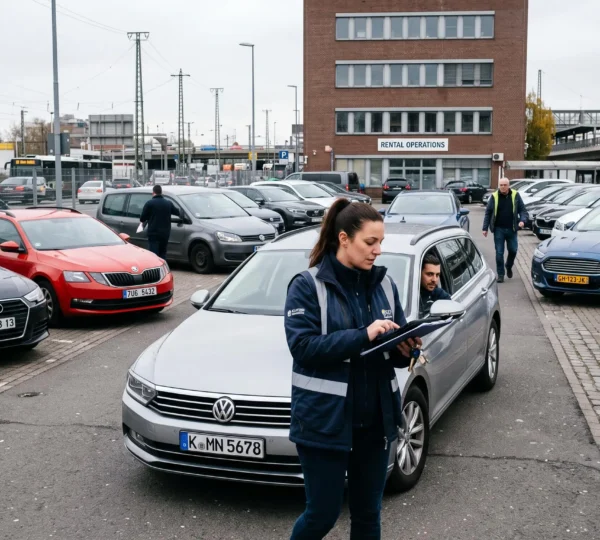 Fleet manager inspecting a rental vehicle with a tablet in an organized parking lot with multiple rental cars at a European car rental agency