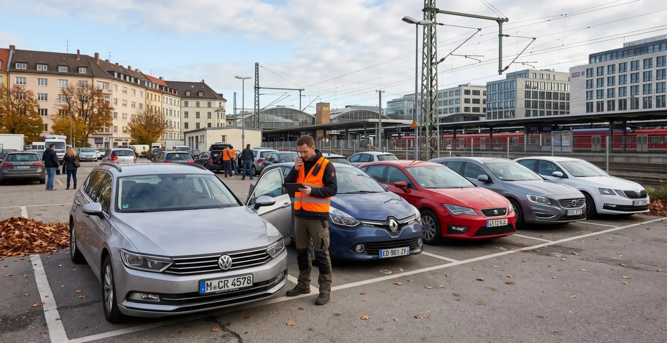 Rental agency employee handing car keys to a customer during vehicle check-out at a European car rental location