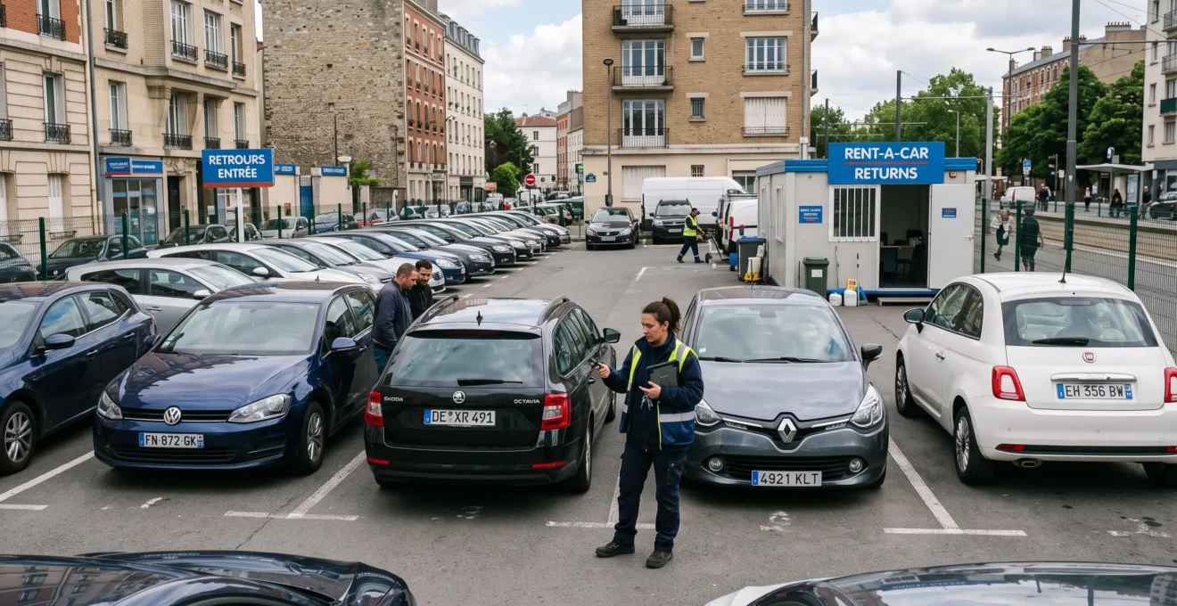 Fleet coordinator managing rental vehicles with license plates from different European countries at a multi-national car rental operation