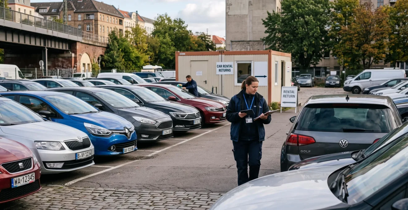Fleet technician performing a detailed technical inspection on a rental vehicle at a European car rental maintenance facility